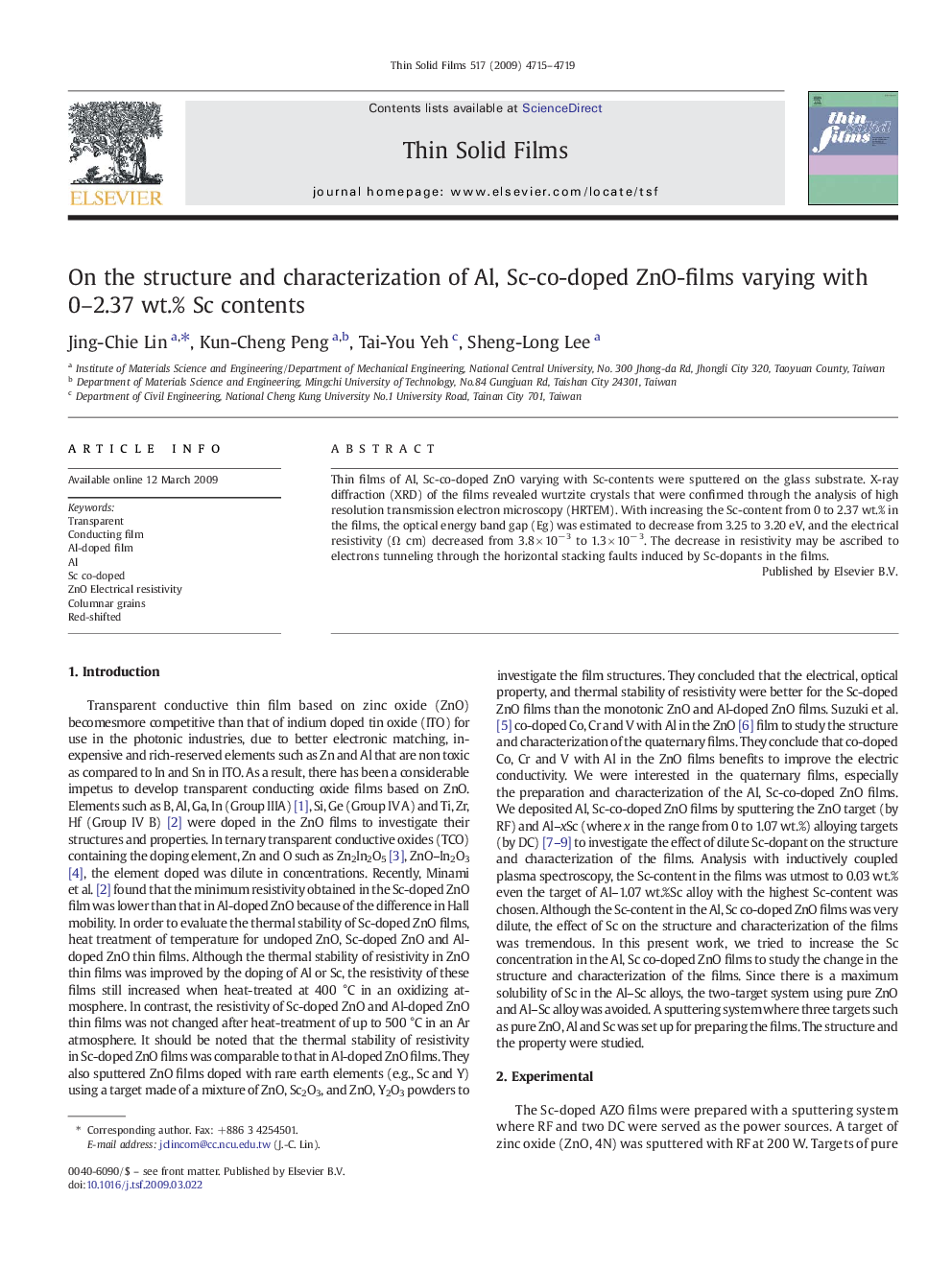 On the structure and characterization of Al, Sc-co-doped ZnO-films varying with 0–2.37 wt.% Sc contents