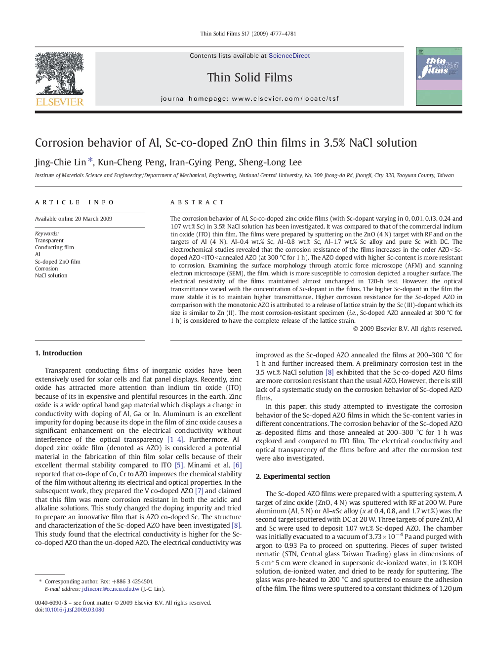 Corrosion behavior of Al, Sc-co-doped ZnO thin films in 3.5% NaCl solution