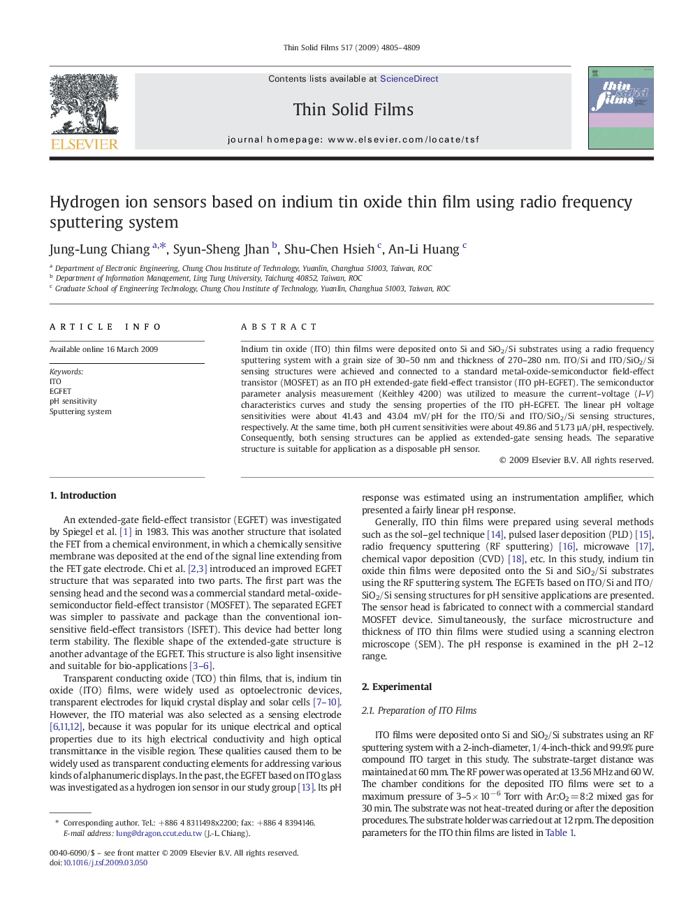 Hydrogen ion sensors based on indium tin oxide thin film using radio frequency sputtering system