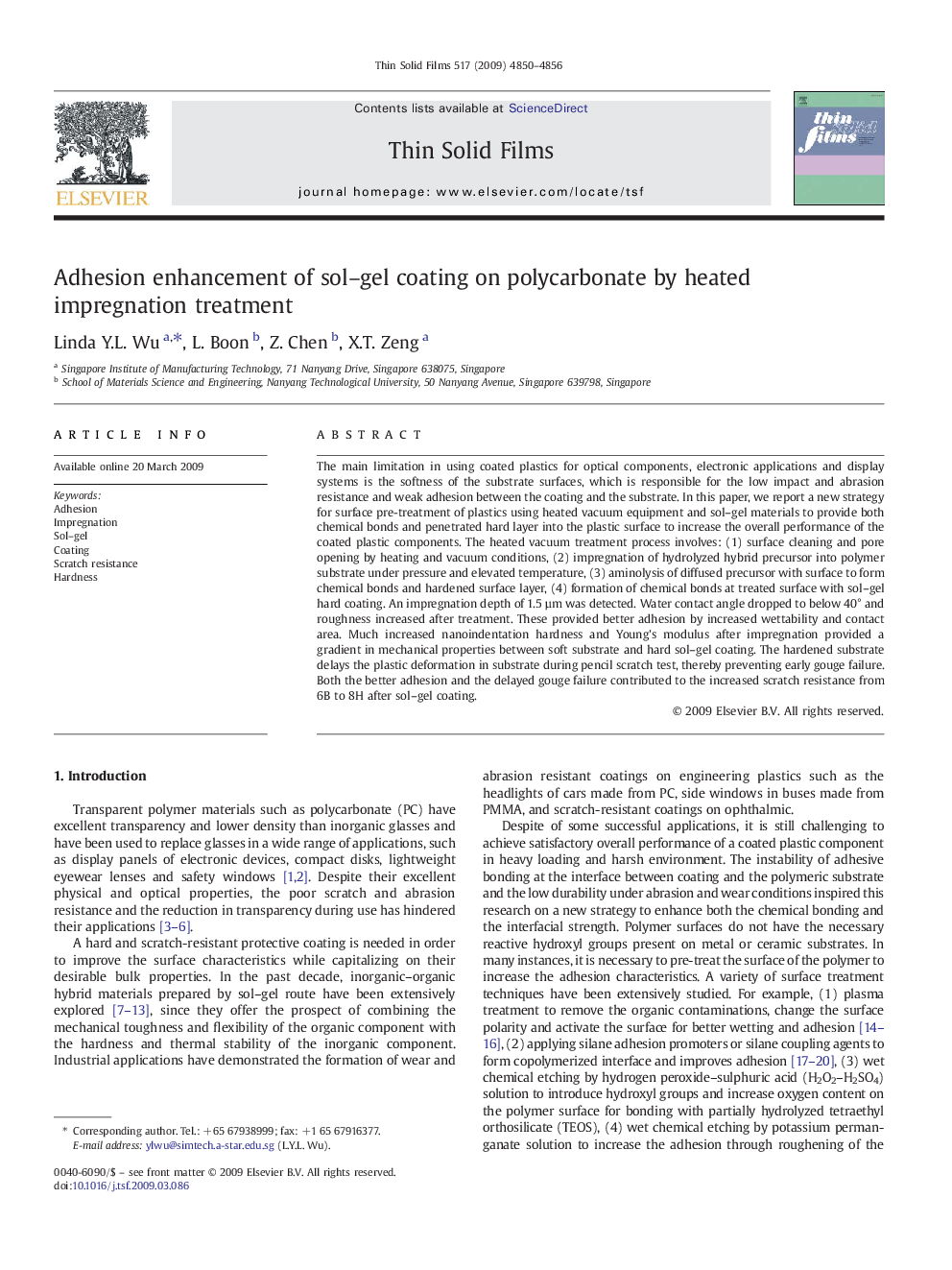 Adhesion enhancement of sol–gel coating on polycarbonate by heated impregnation treatment