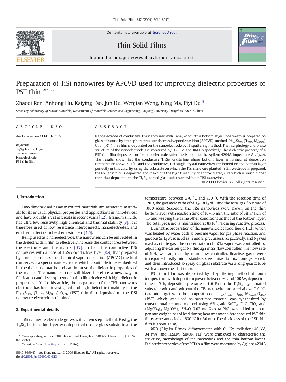 Preparation of TiSi nanowires by APCVD used for improving dielectric properties of PST thin film