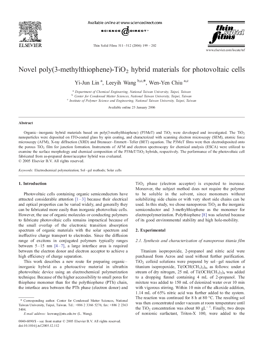 Novel poly(3-methylthiophene)-TiO2 hybrid materials for photovoltaic cells