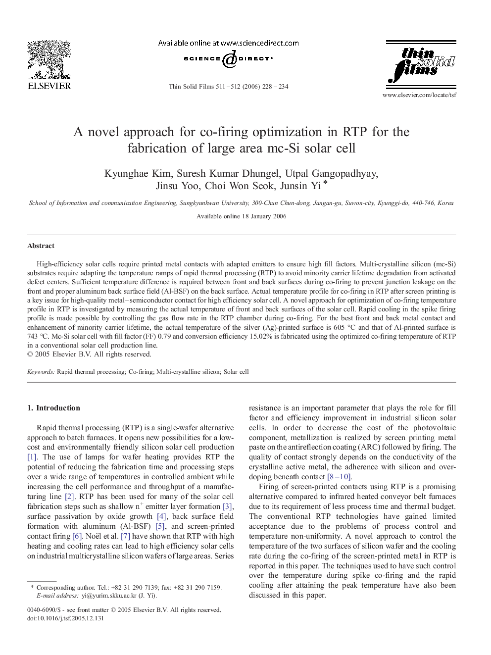 A novel approach for co-firing optimization in RTP for the fabrication of large area mc-Si solar cell