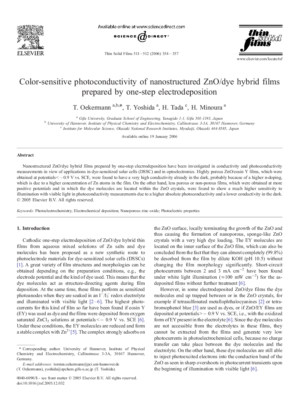 Color-sensitive photoconductivity of nanostructured ZnO/dye hybrid films prepared by one-step electrodeposition