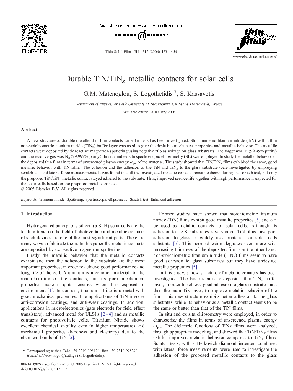 Durable TiN/TiNx metallic contacts for solar cells