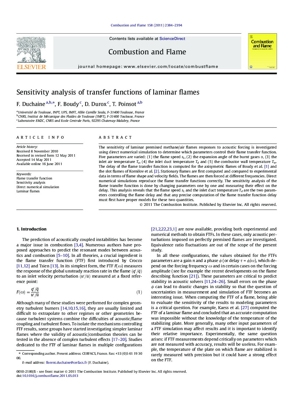 Sensitivity analysis of transfer functions of laminar flames