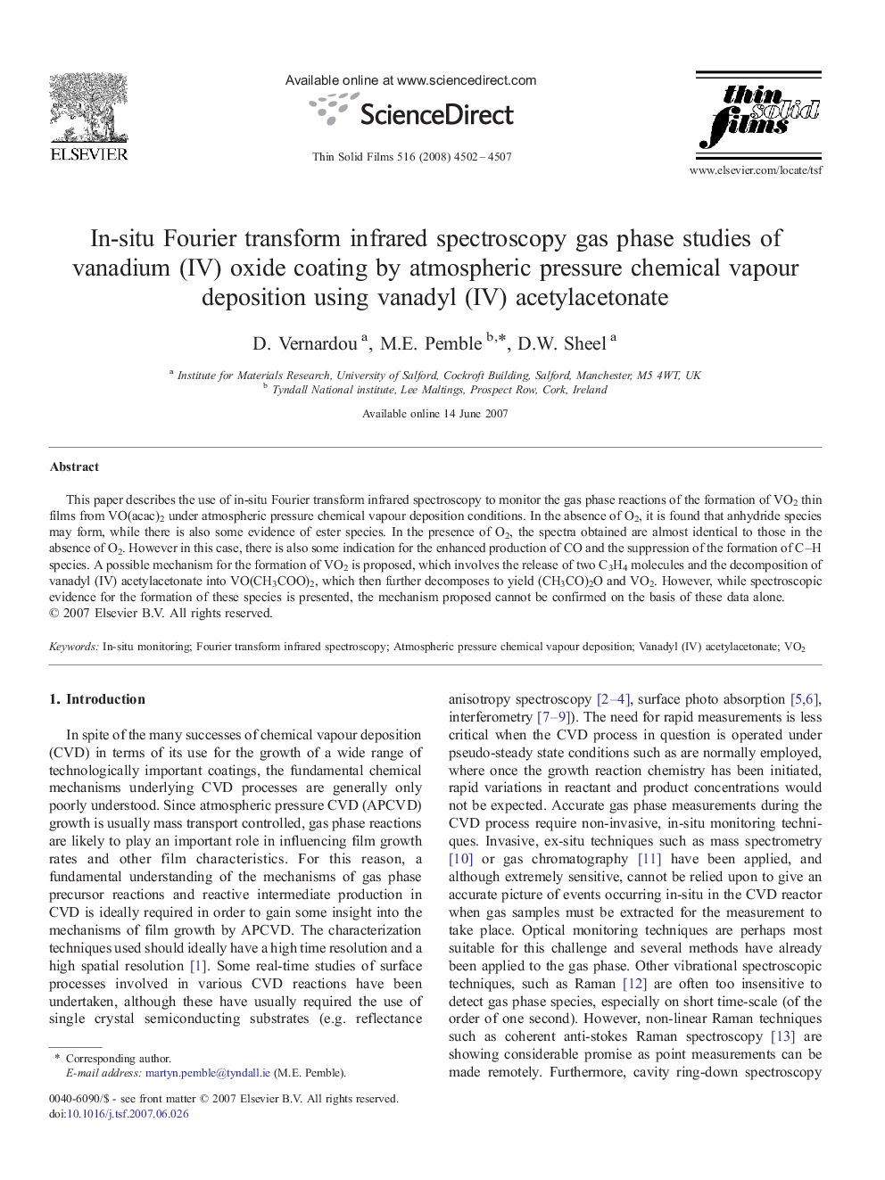 In-situ Fourier transform infrared spectroscopy gas phase studies of vanadium (IV) oxide coating by atmospheric pressure chemical vapour deposition using vanadyl (IV) acetylacetonate