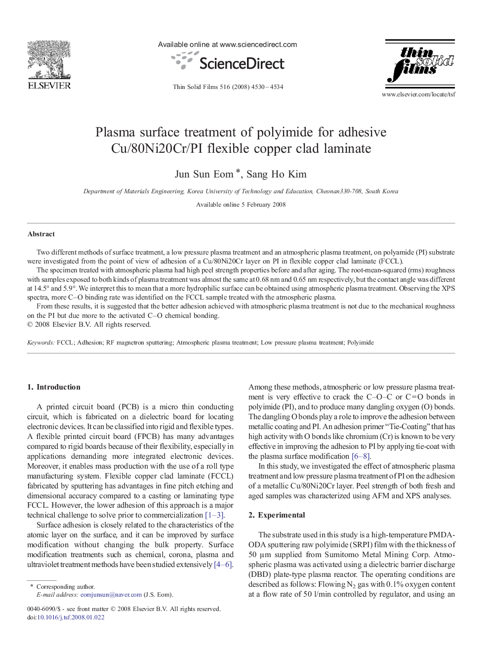 Plasma surface treatment of polyimide for adhesive Cu/80Ni20Cr/PI flexible copper clad laminate