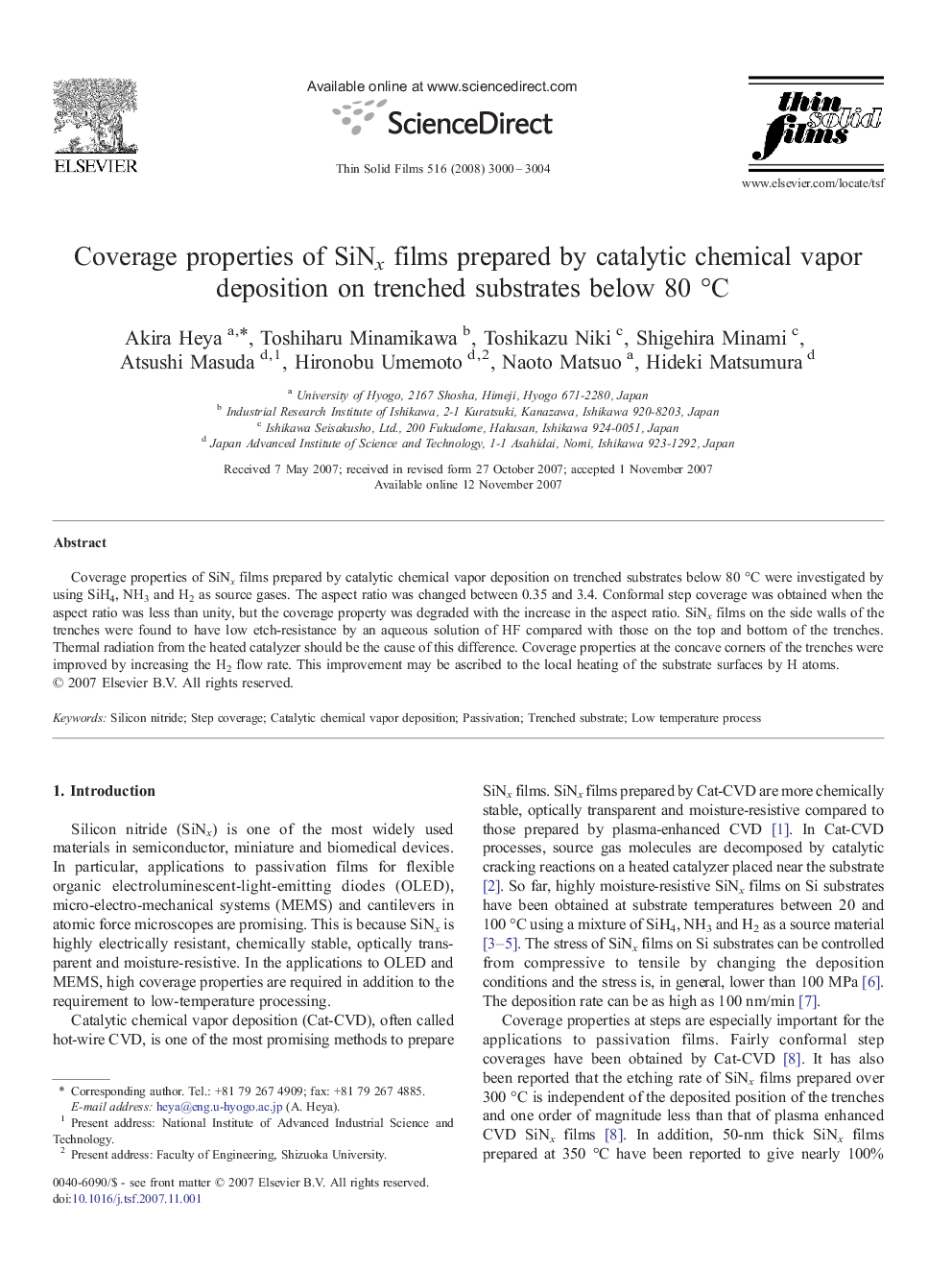 Coverage properties of SiNx films prepared by catalytic chemical vapor deposition on trenched substrates below 80 °C