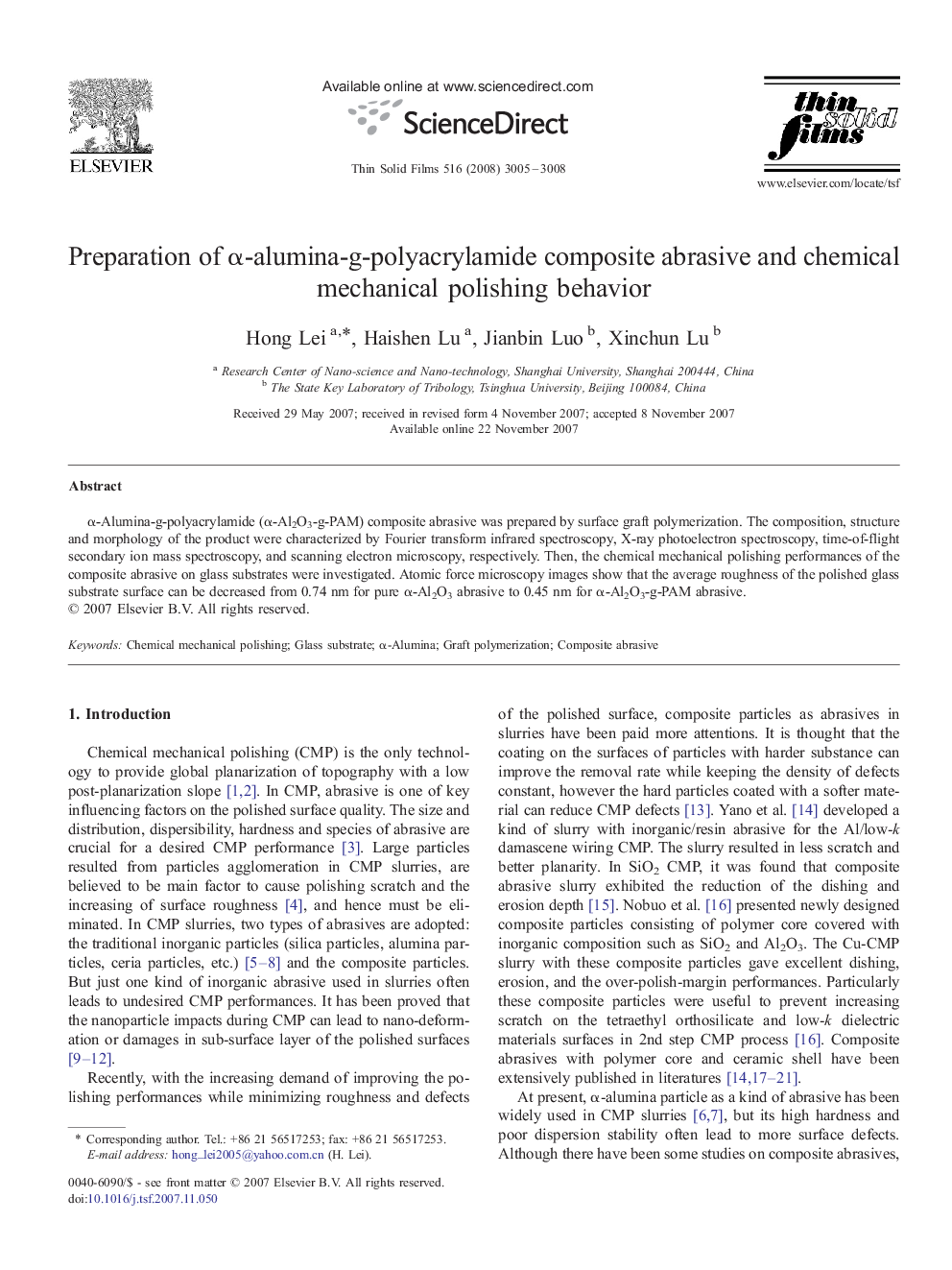 Preparation of α-alumina-g-polyacrylamide composite abrasive and chemical mechanical polishing behavior