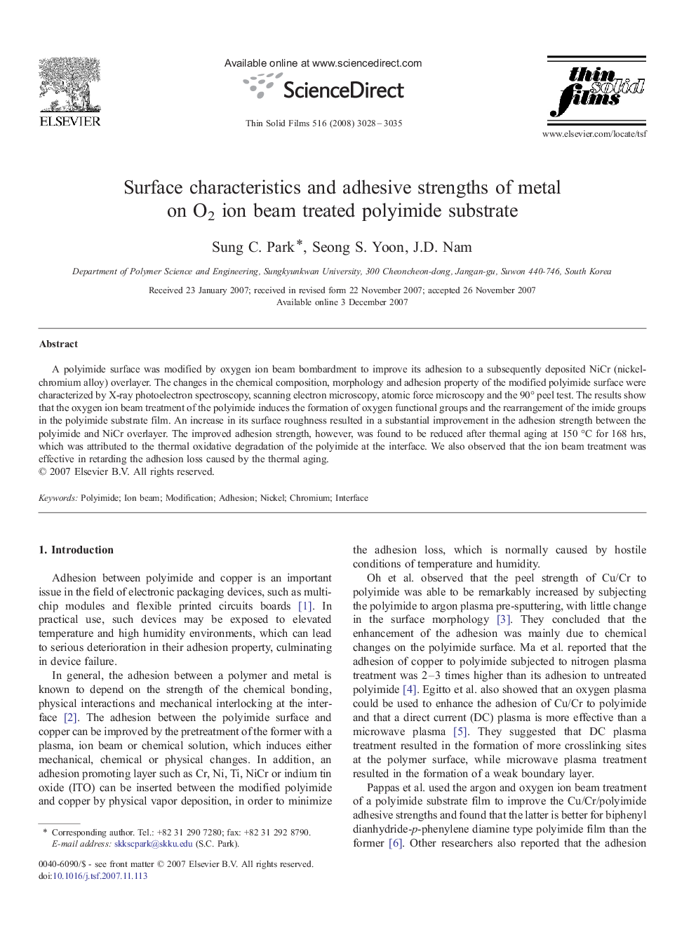 Surface characteristics and adhesive strengths of metal on O2 ion beam treated polyimide substrate