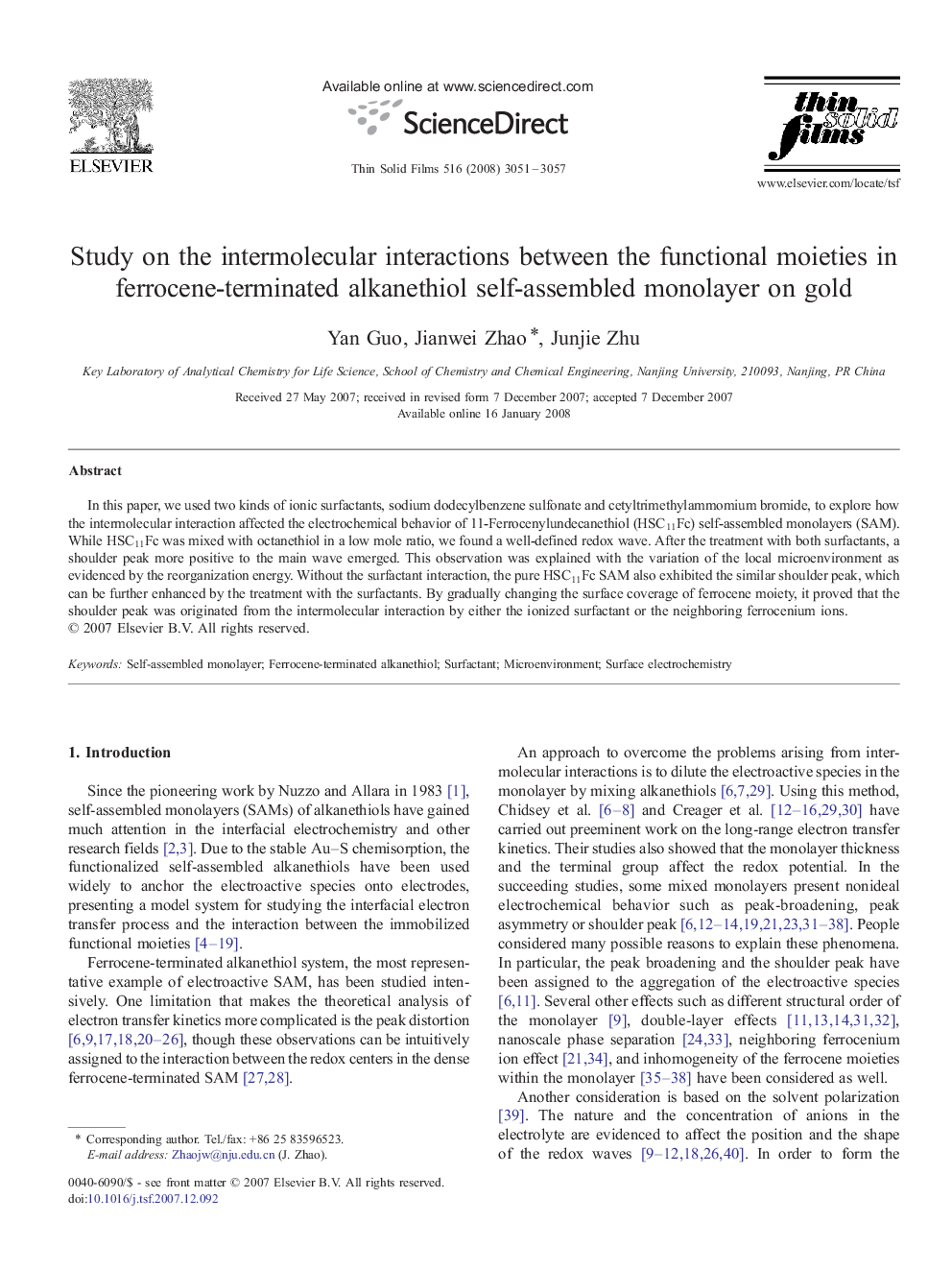 Study on the intermolecular interactions between the functional moieties in ferrocene-terminated alkanethiol self-assembled monolayer on gold