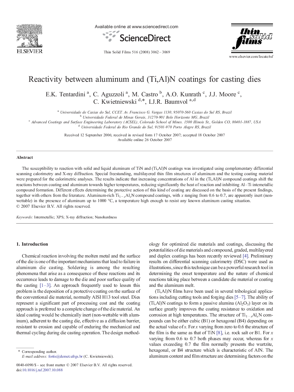 Reactivity between aluminum and (Ti,Al)N coatings for casting dies