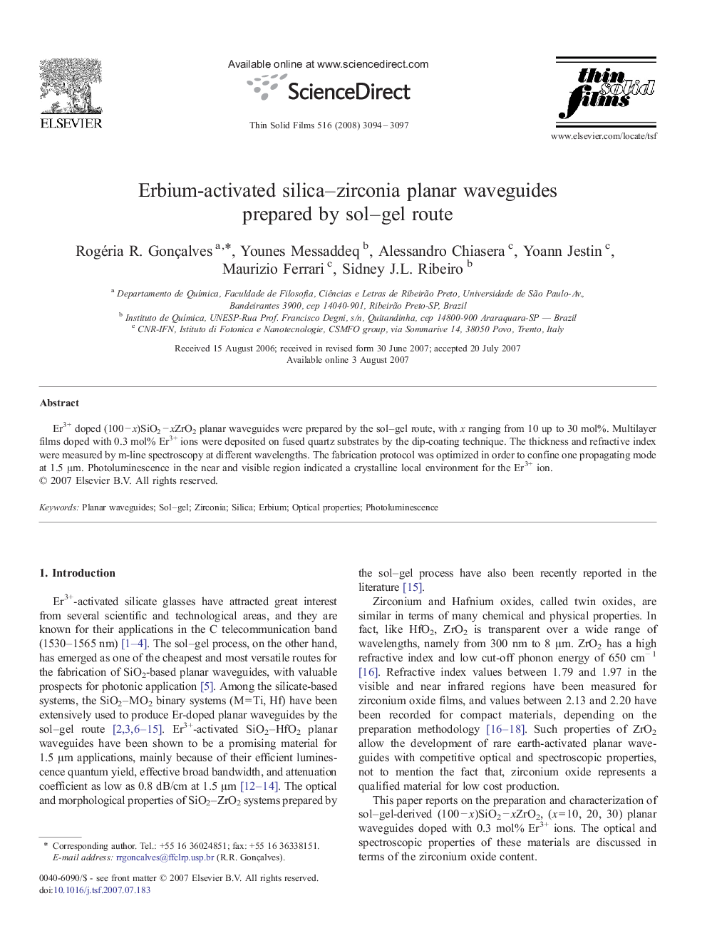 Erbium-activated silica–zirconia planar waveguides prepared by sol–gel route