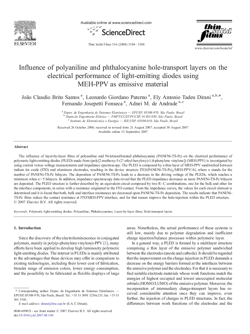 Influence of polyaniline and phthalocyanine hole-transport layers on the electrical performance of light-emitting diodes using MEH-PPV as emissive material