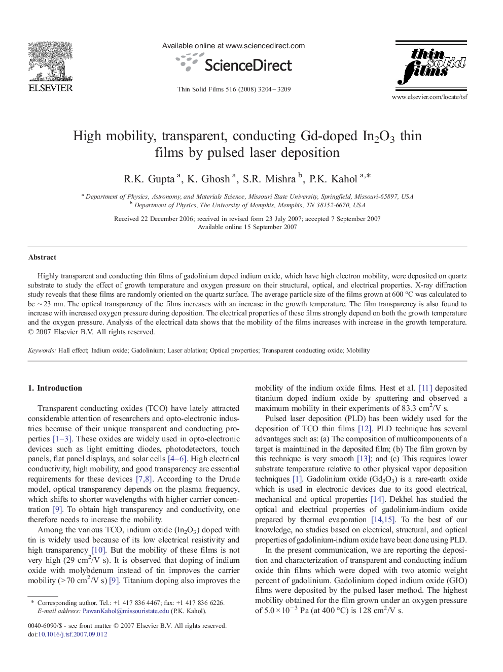 High mobility, transparent, conducting Gd-doped In2O3 thin films by pulsed laser deposition