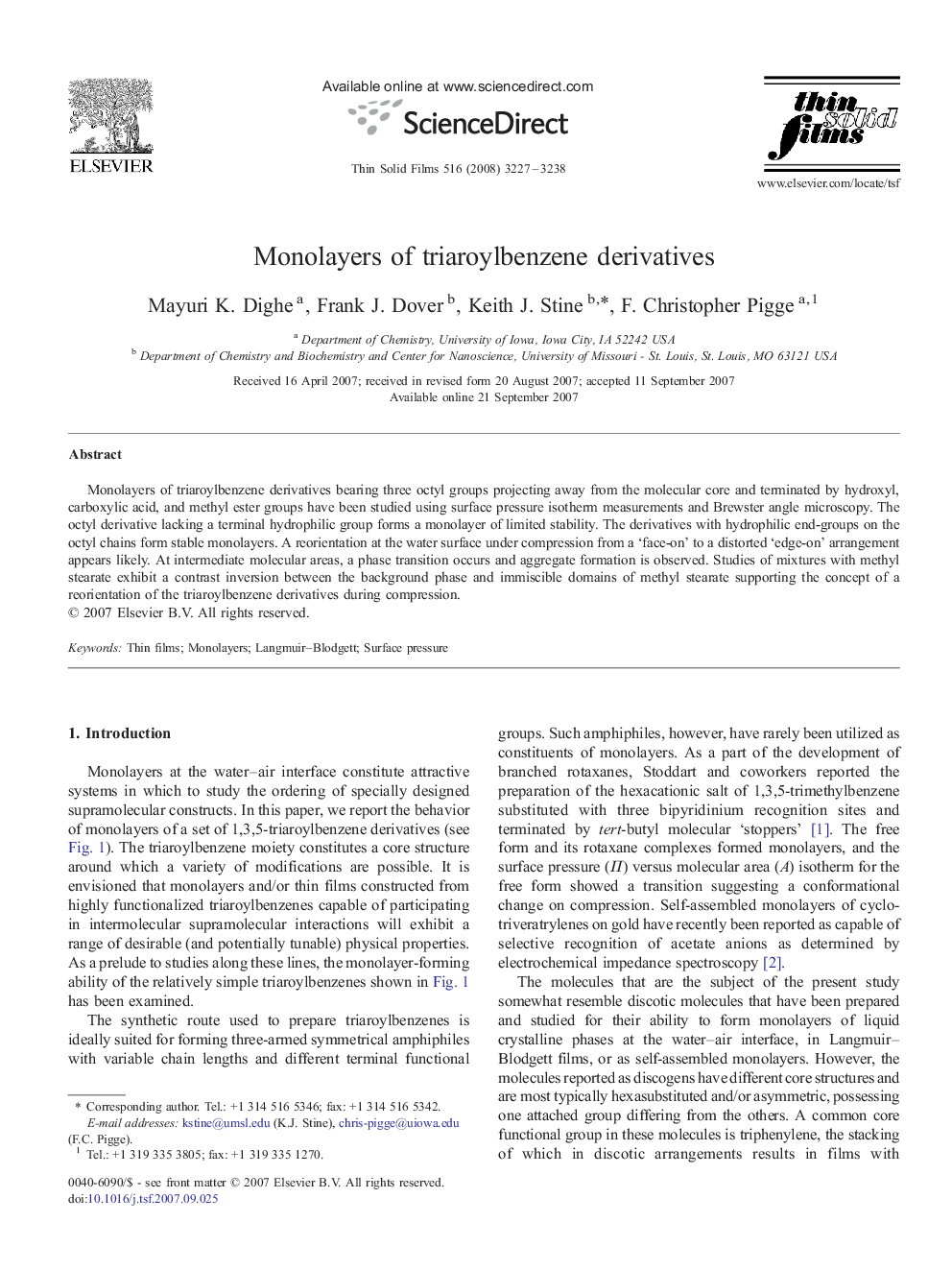 Monolayers of triaroylbenzene derivatives