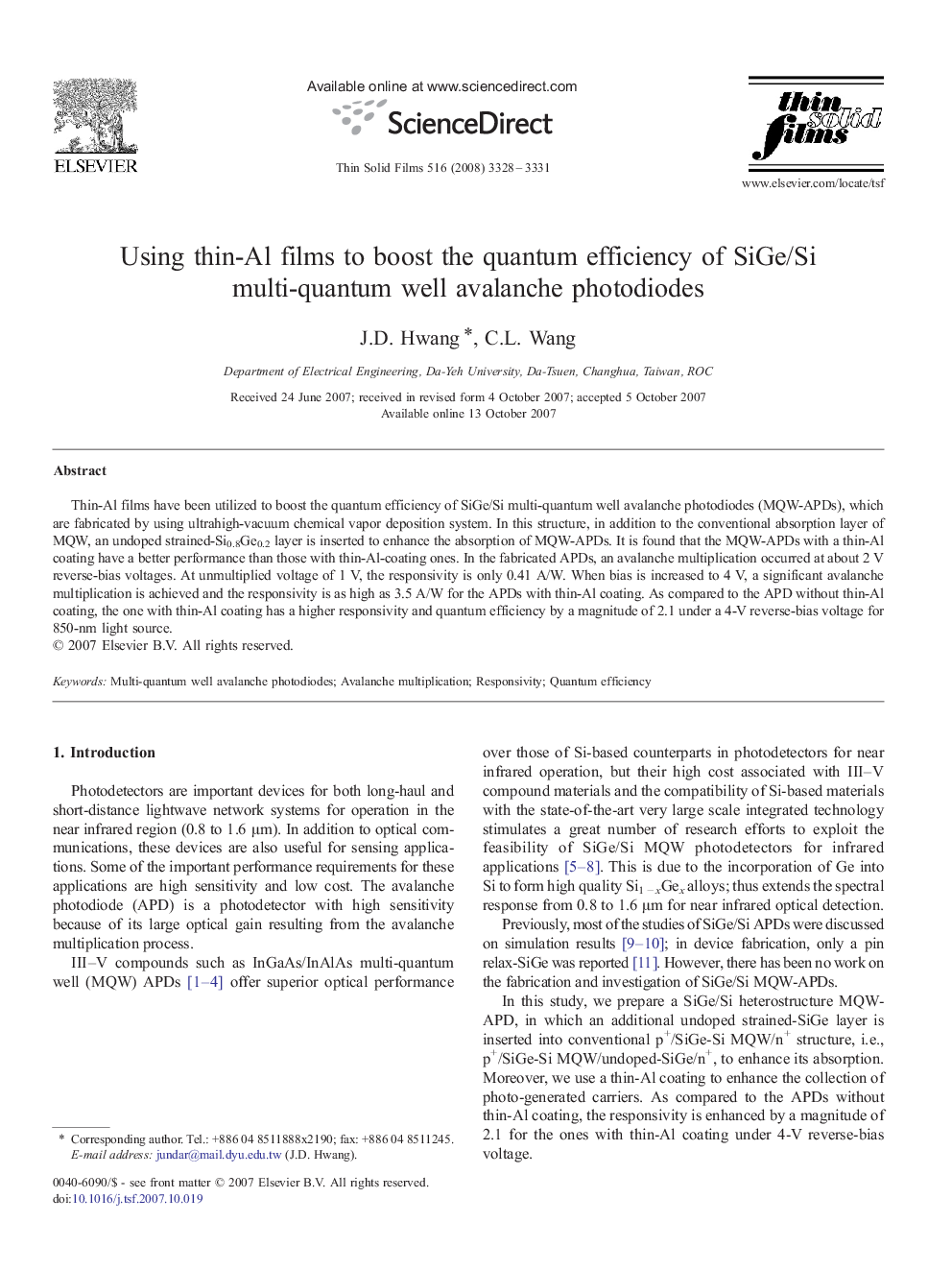 Using thin-Al films to boost the quantum efficiency of SiGe/Si multi-quantum well avalanche photodiodes