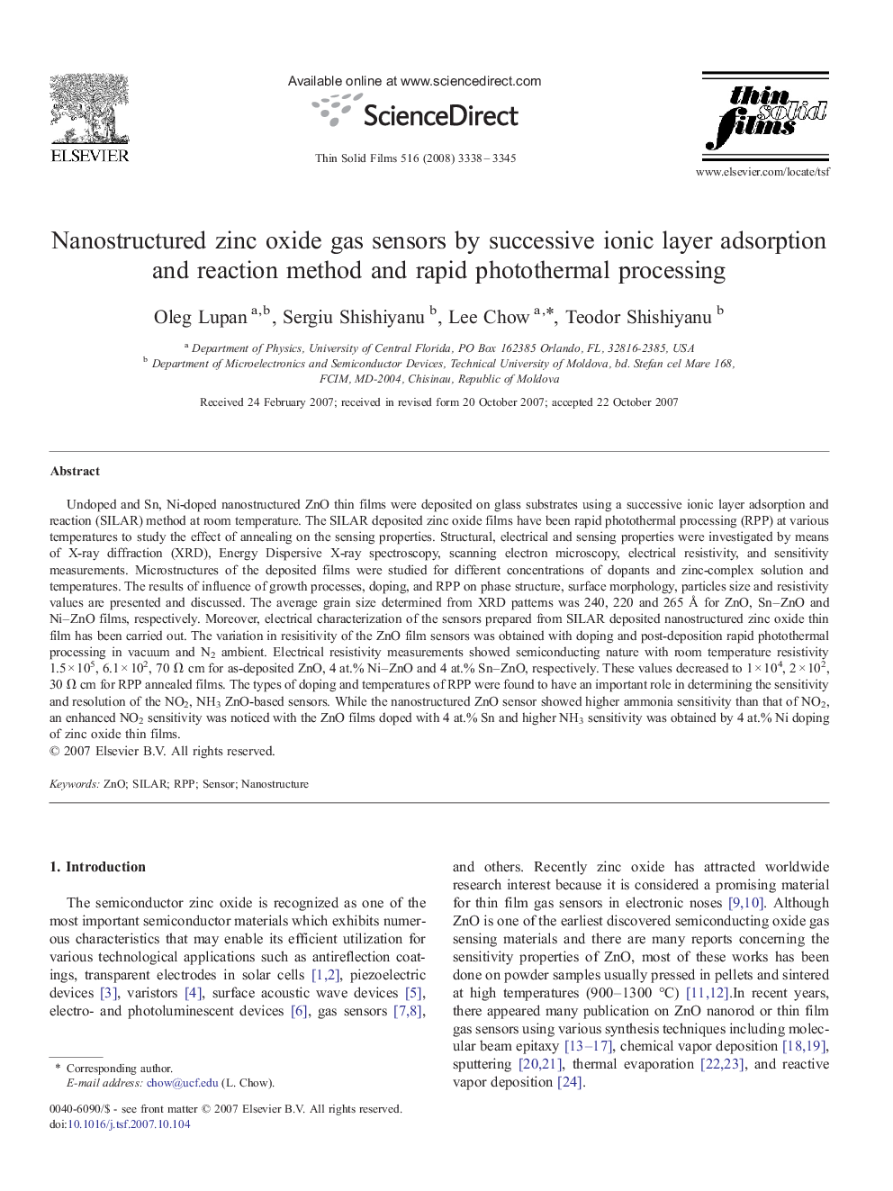 Nanostructured zinc oxide gas sensors by successive ionic layer adsorption and reaction method and rapid photothermal processing