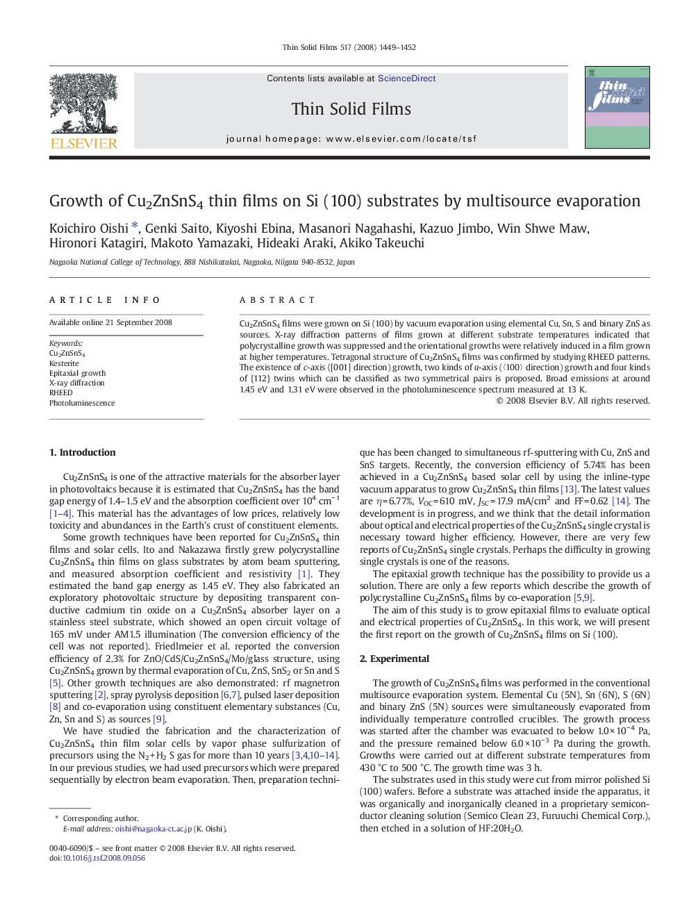 Growth of Cu2ZnSnS4 thin films on Si (100) substrates by multisource evaporation