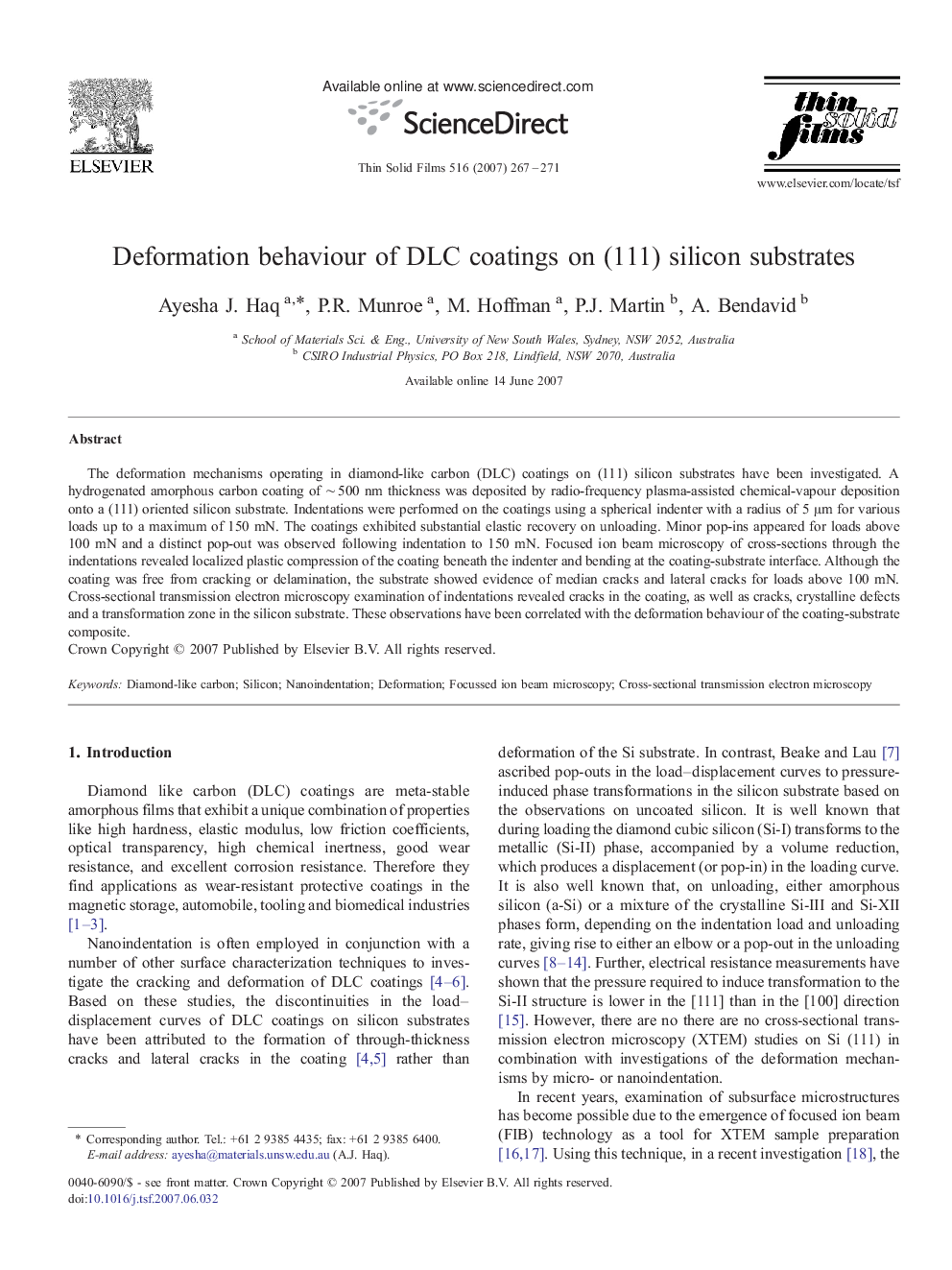 Deformation behaviour of DLC coatings on (111) silicon substrates