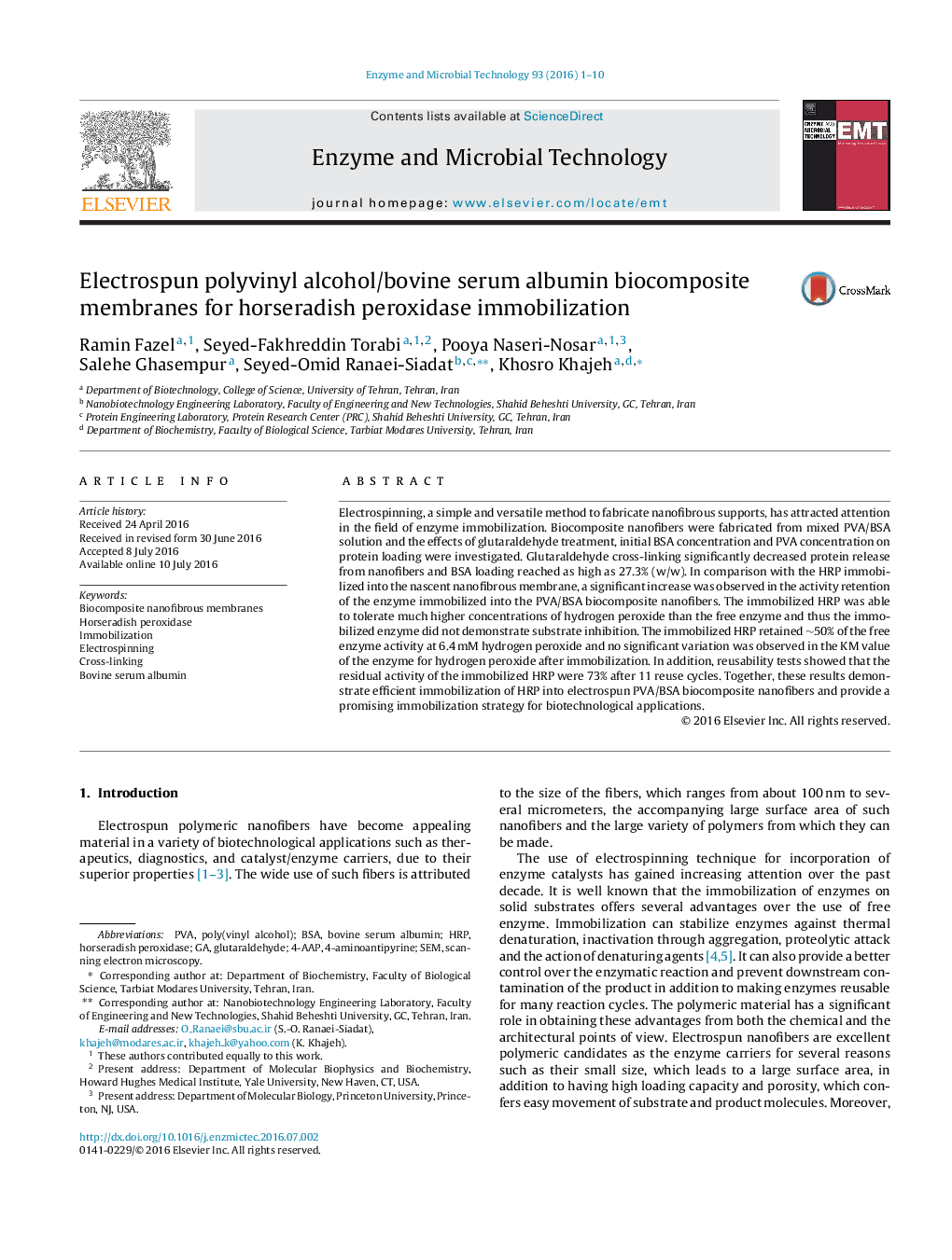 Electrospun polyvinyl alcohol/bovine serum albumin biocomposite membranes for horseradish peroxidase immobilization