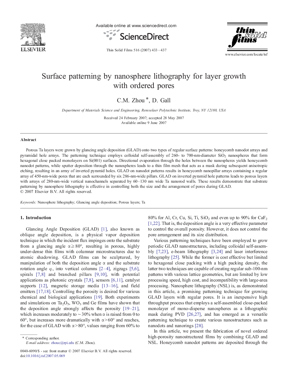 Surface patterning by nanosphere lithography for layer growth with ordered pores