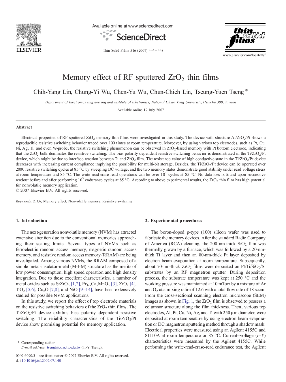 Memory effect of RF sputtered ZrO2 thin films