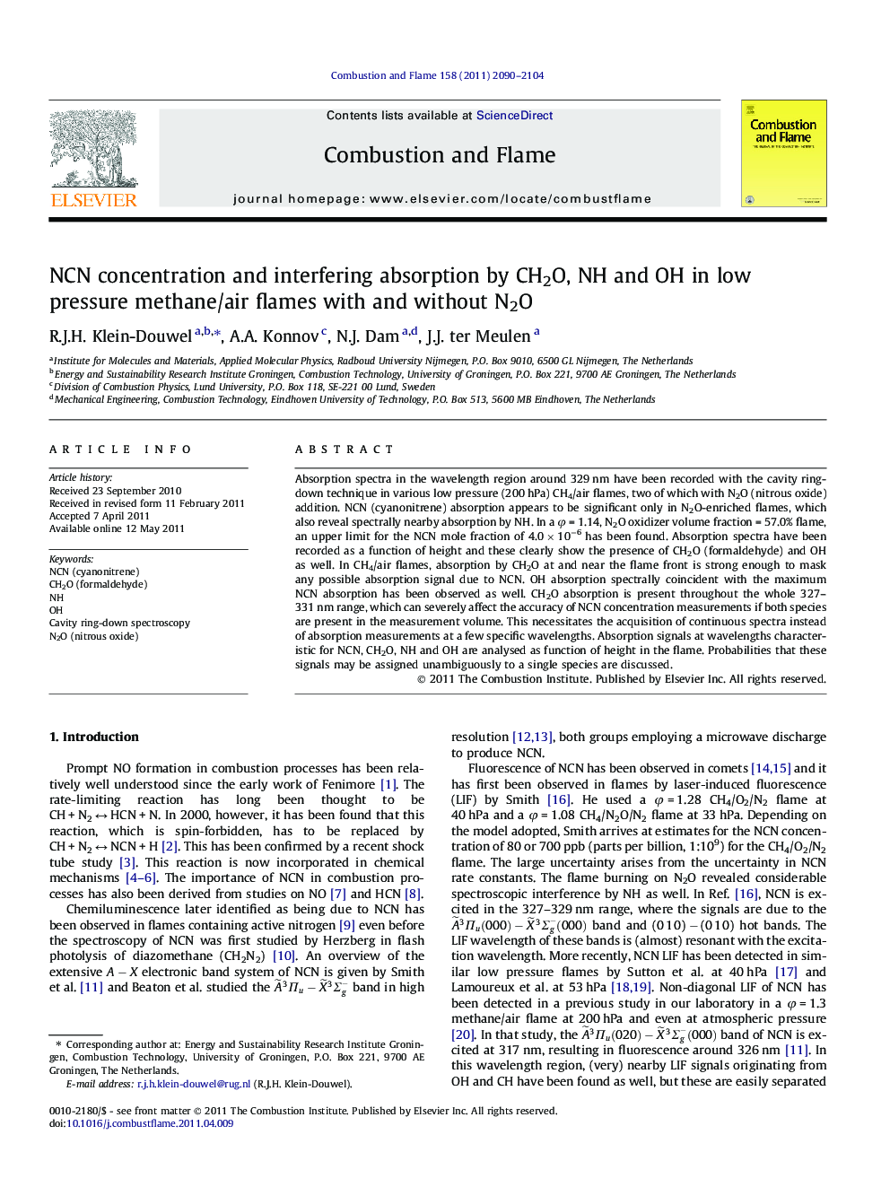 NCN concentration and interfering absorption by CH2O, NH and OH in low pressure methane/air flames with and without N2O