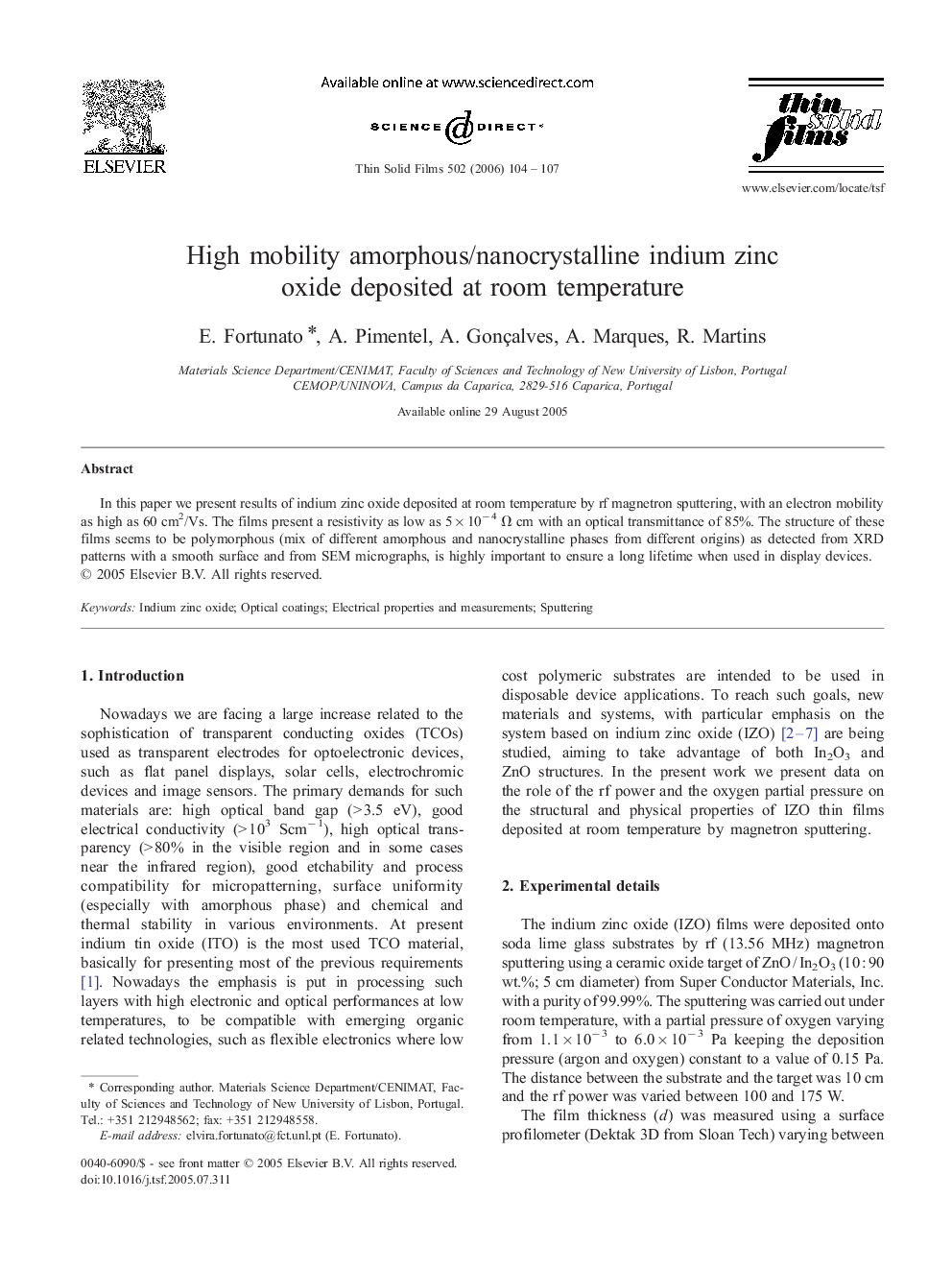 High mobility amorphous/nanocrystalline indium zinc oxide deposited at room temperature