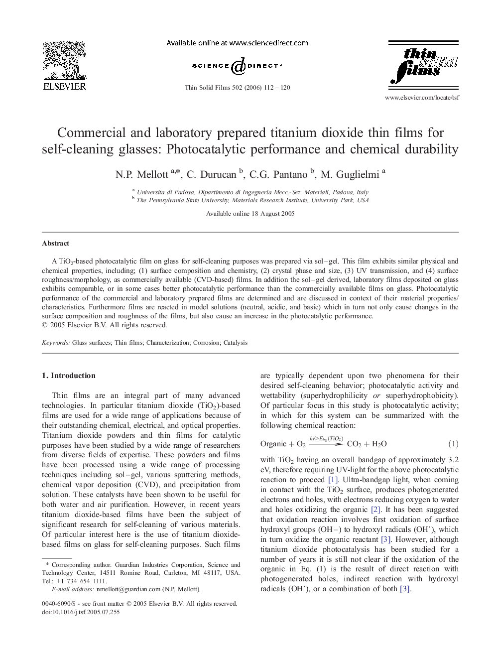 Commercial and laboratory prepared titanium dioxide thin films for self-cleaning glasses: Photocatalytic performance and chemical durability