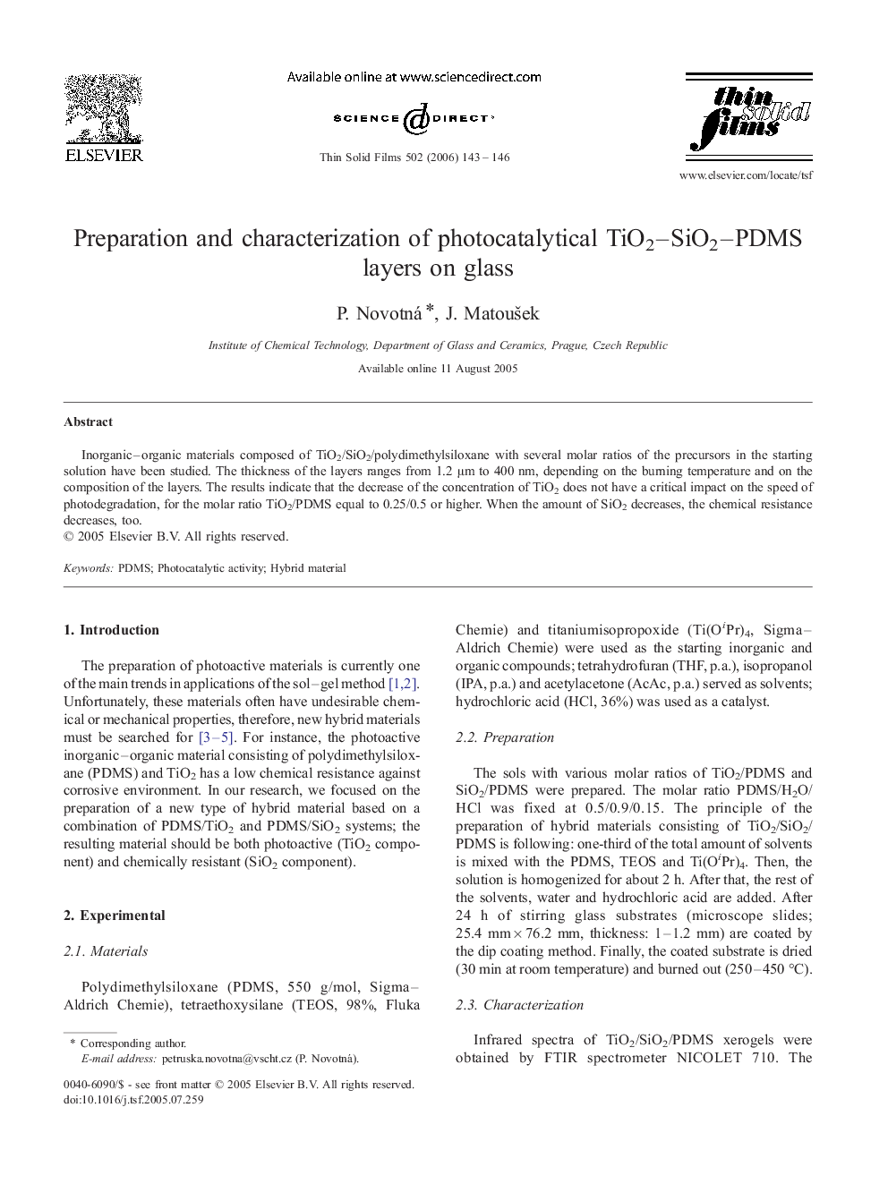 Preparation and characterization of photocatalytical TiO2–SiO2–PDMS layers on glass