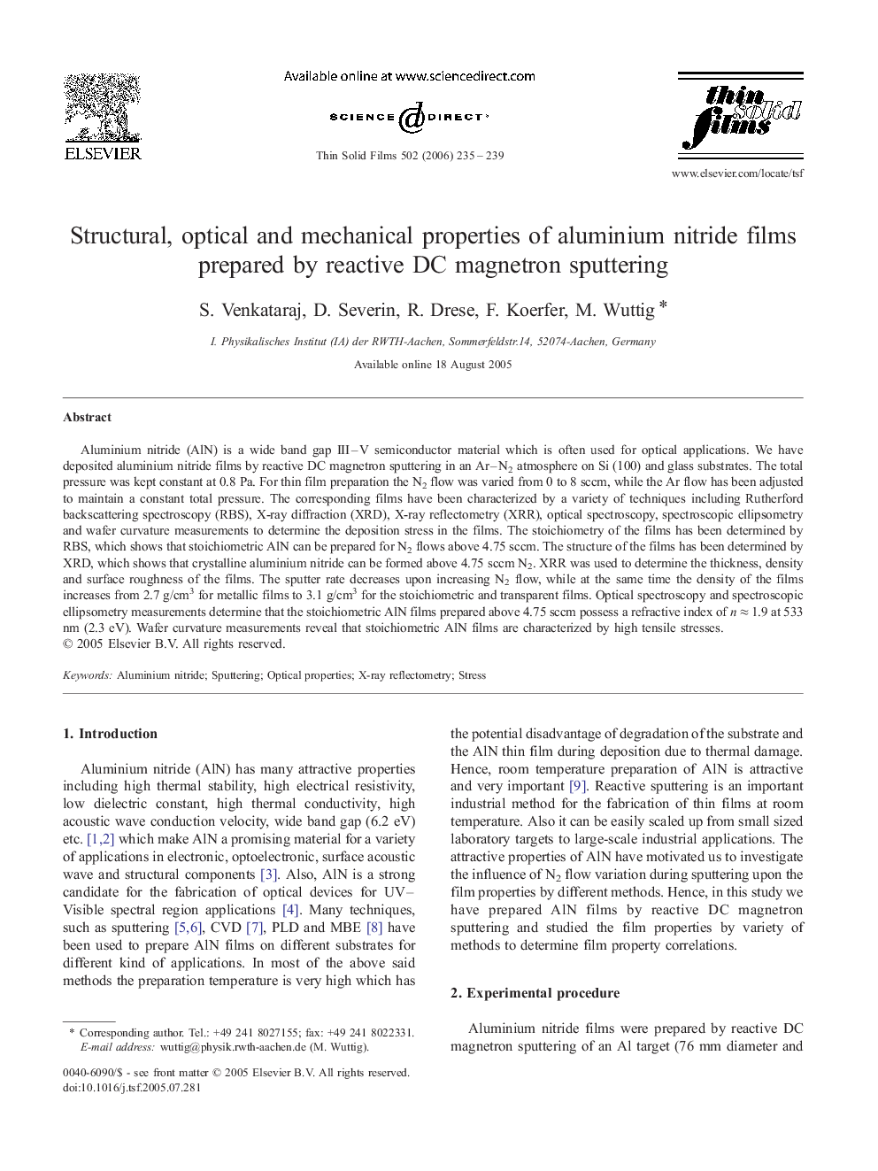 Structural, optical and mechanical properties of aluminium nitride films prepared by reactive DC magnetron sputtering