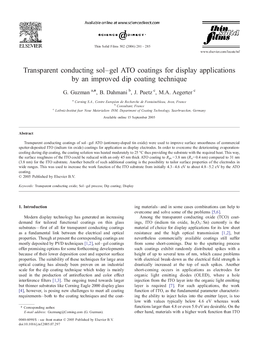 Transparent conducting sol–gel ATO coatings for display applications by an improved dip coating technique