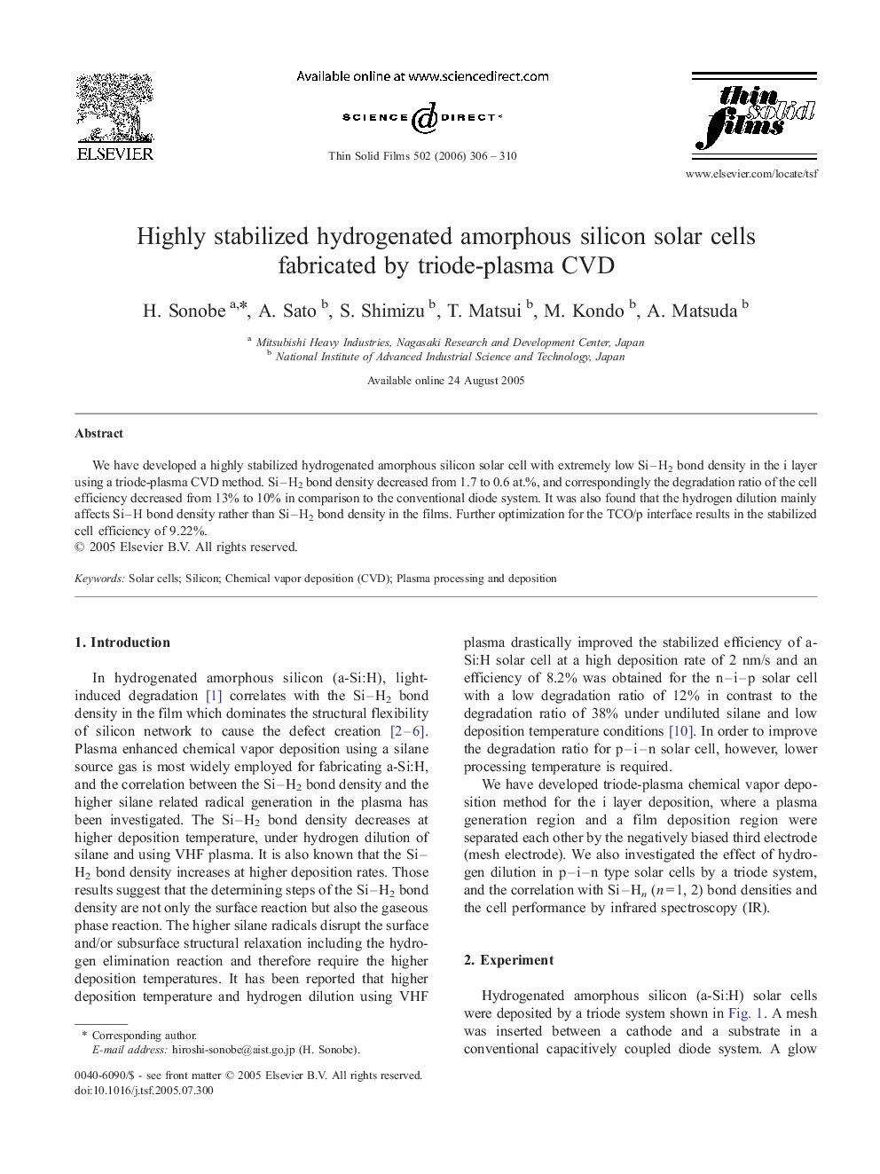 Highly stabilized hydrogenated amorphous silicon solar cells fabricated by triode-plasma CVD