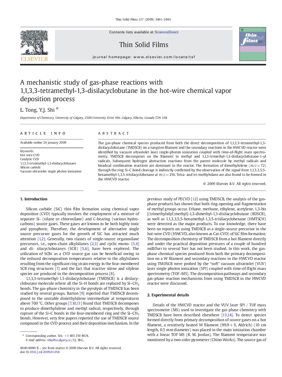 A mechanistic study of gas-phase reactions with 1,1,3,3-tetramethyl-1,3-disilacyclobutane in the hot-wire chemical vapor deposition process