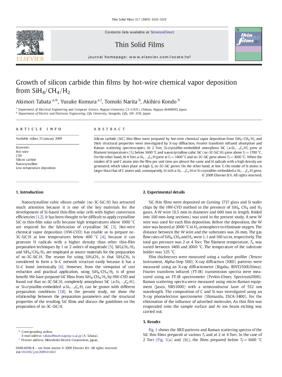 عکس صفحه اول مقاله: Growth of silicon carbide thin films by hot-wire chemical vapor deposition from SiH4/CH4/H2 Growth of silicon carbide thin films by hot-wire chemical vapor deposition from SiH4/CH4/H2