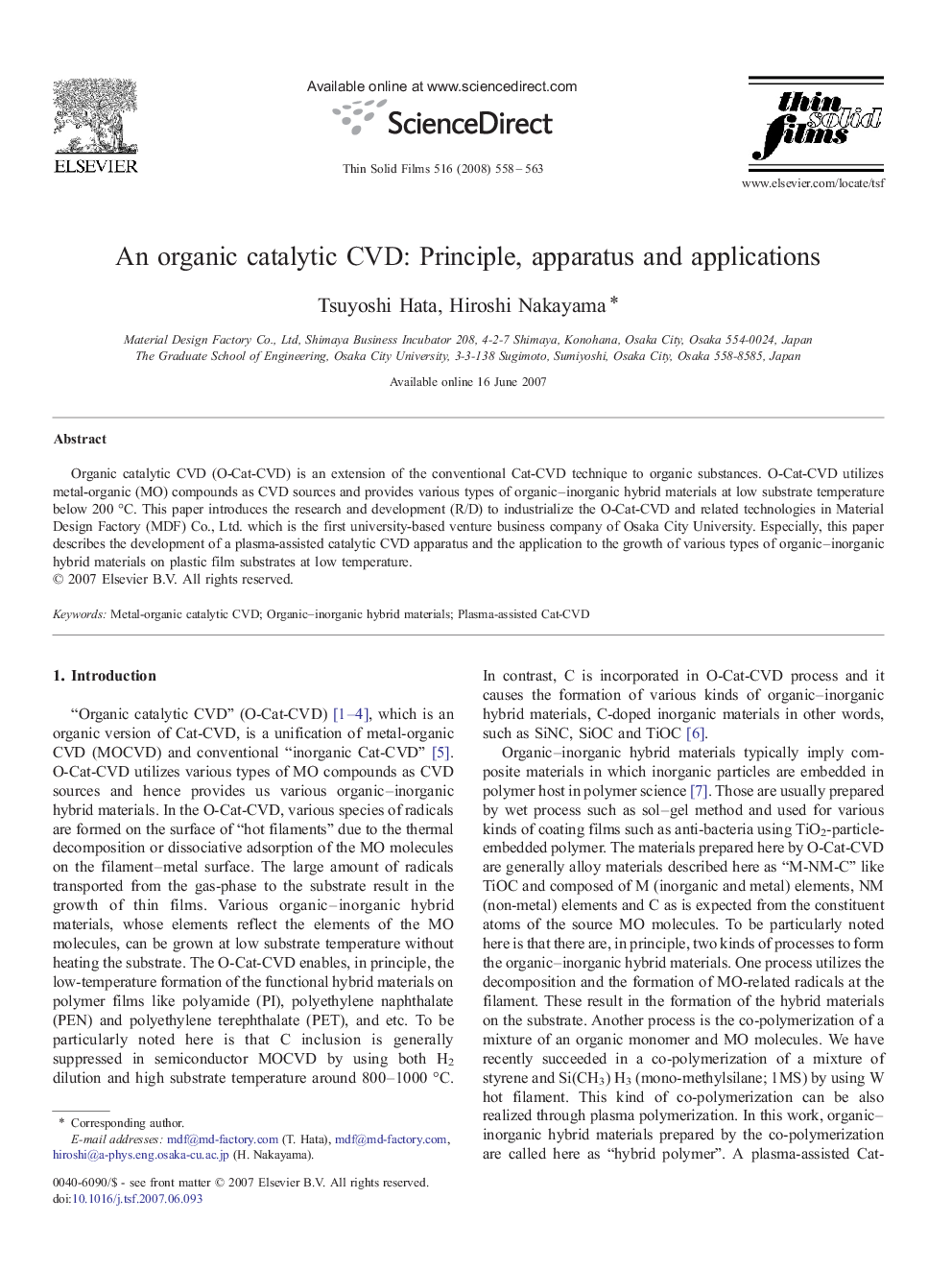 An organic catalytic CVD: Principle, apparatus and applications