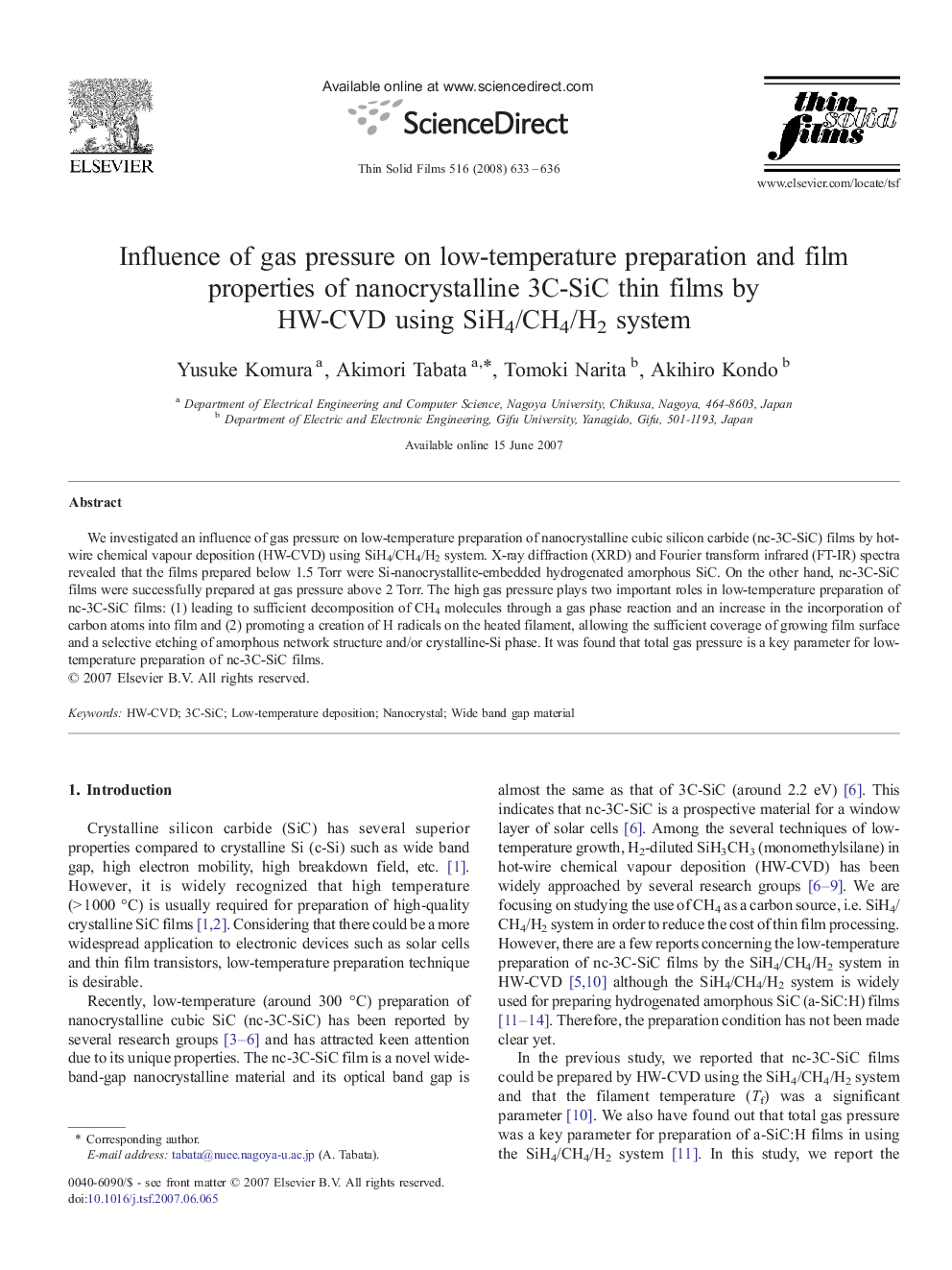 Influence of gas pressure on low-temperature preparation and film properties of nanocrystalline 3C-SiC thin films by HW-CVD using SiH4/CH4/H2 system