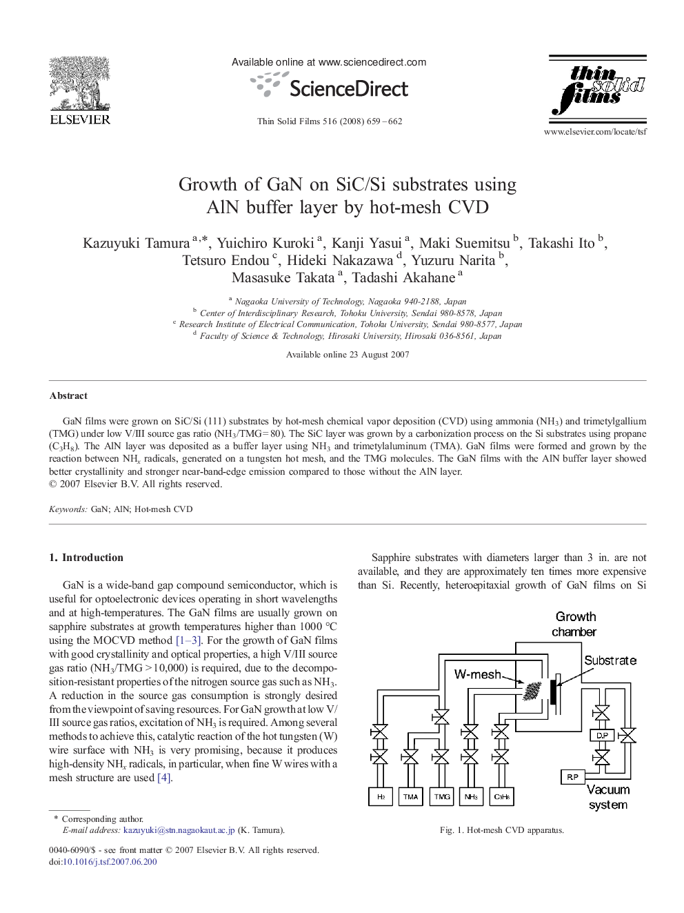Growth of GaN on SiC/Si substrates using AlN buffer layer by hot-mesh CVD