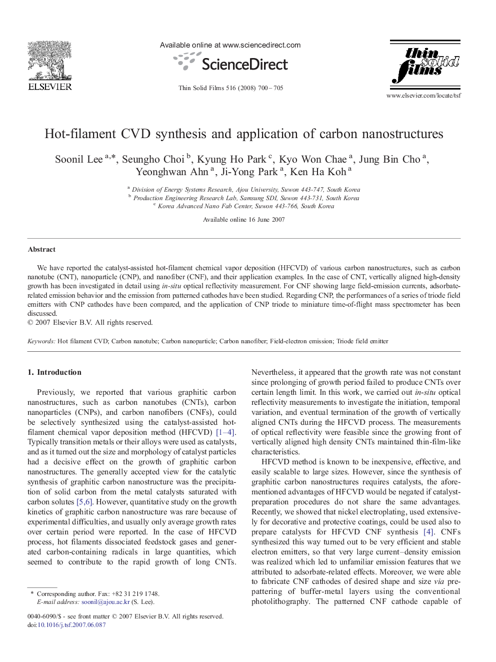 Hot-filament CVD synthesis and application of carbon nanostructures