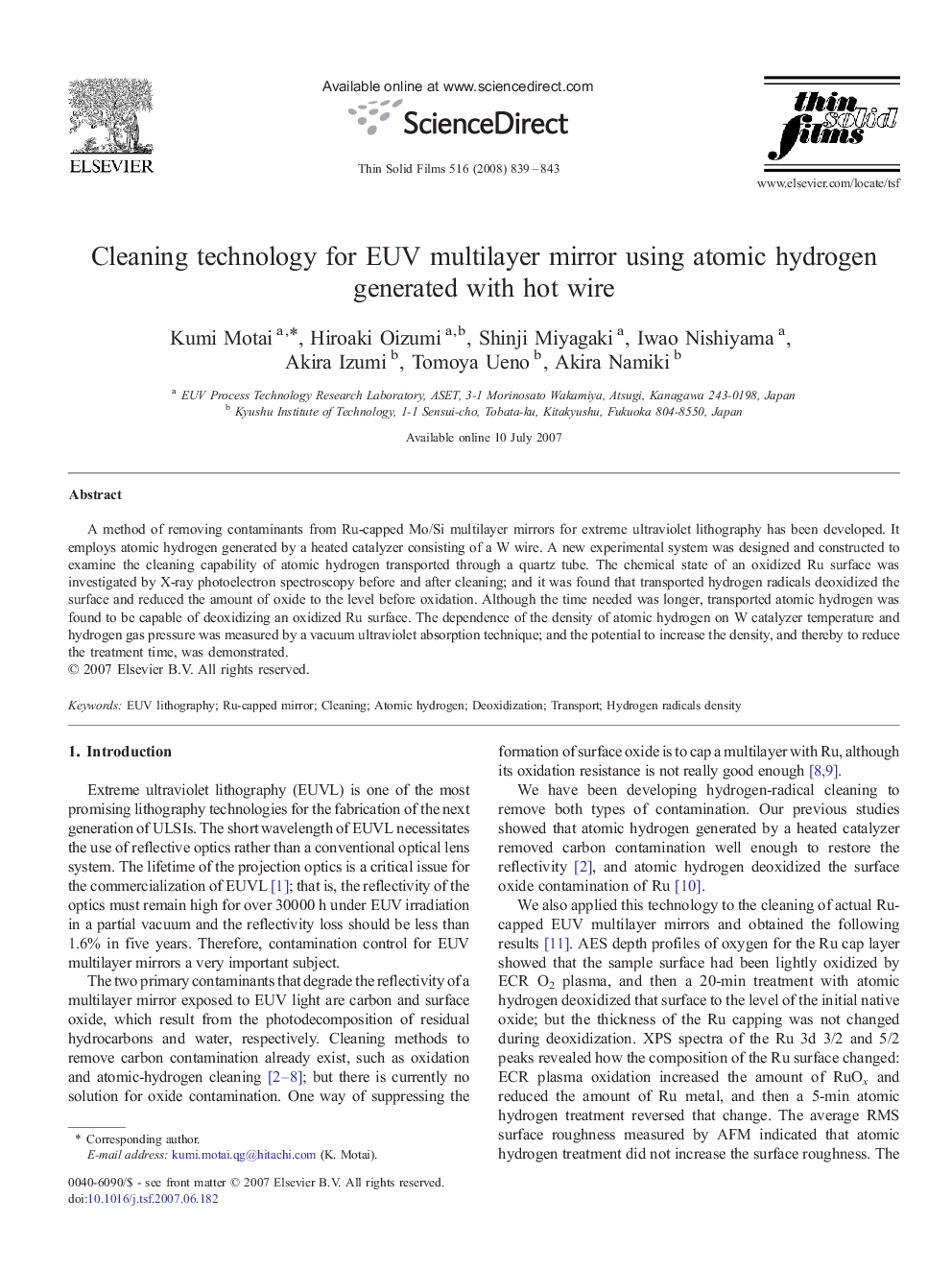 Cleaning technology for EUV multilayer mirror using atomic hydrogen generated with hot wire