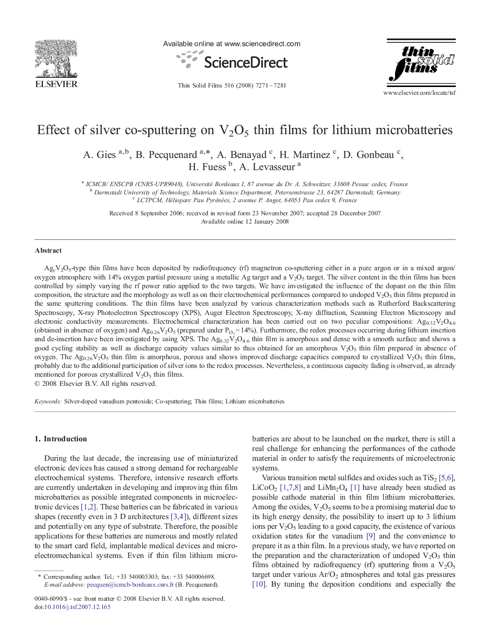 Effect of silver co-sputtering on V2O5 thin films for lithium microbatteries