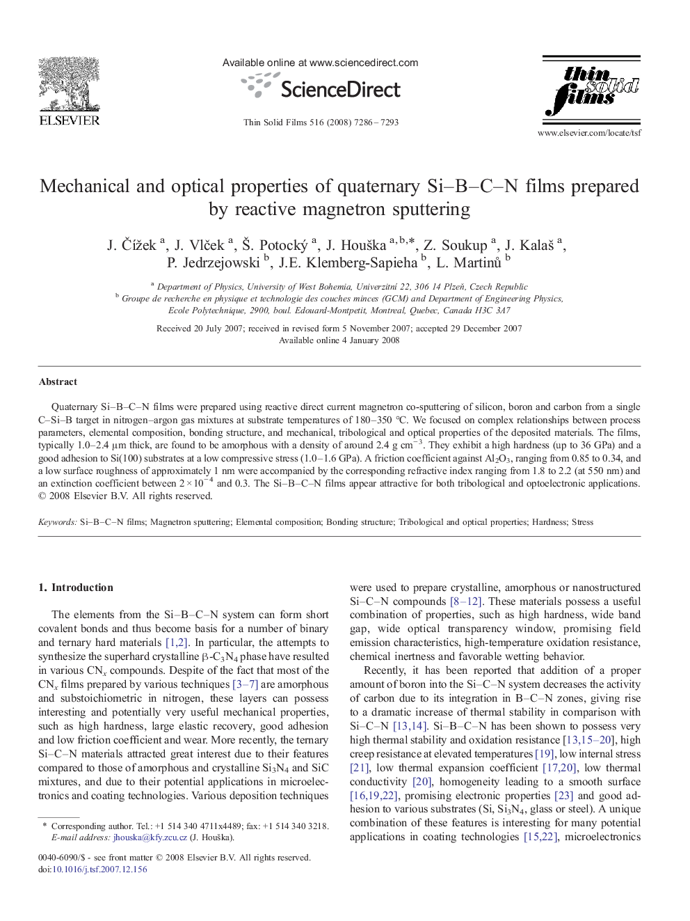 Mechanical and optical properties of quaternary Si–B–C–N films prepared by reactive magnetron sputtering