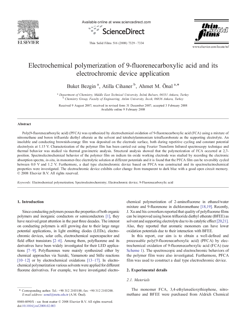 Electrochemical polymerization of 9-fluorenecarboxylic acid and its electrochromic device application