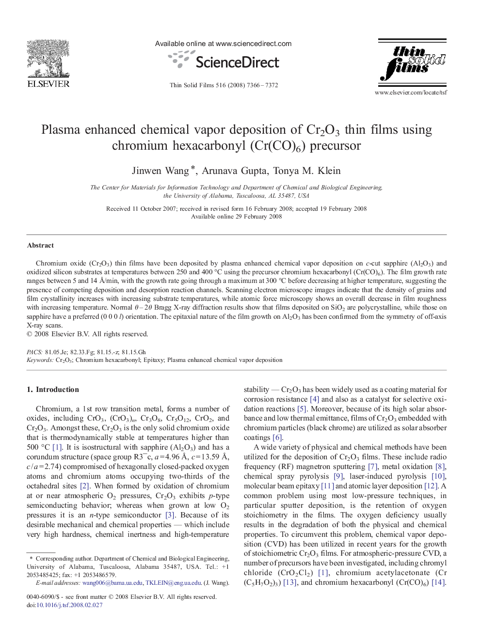 Plasma enhanced chemical vapor deposition of Cr2O3 thin films using chromium hexacarbonyl (Cr(CO)6) precursor