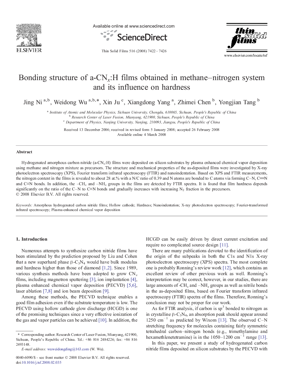 Bonding structure of a-CNx:H films obtained in methane–nitrogen system and its influence on hardness