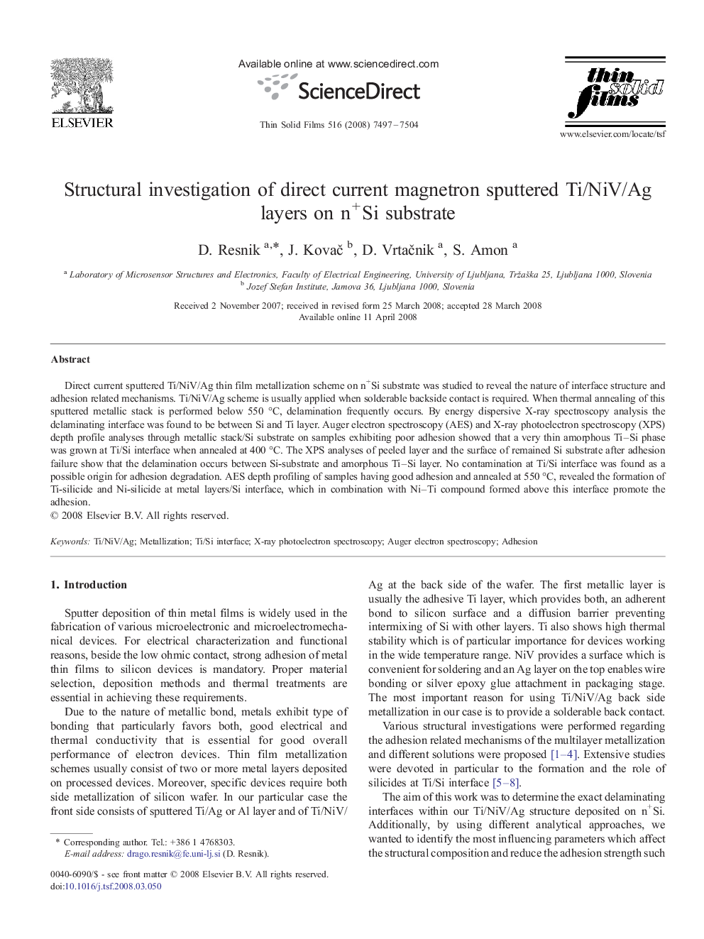 Structural investigation of direct current magnetron sputtered Ti/NiV/Ag layers on n+Si substrate