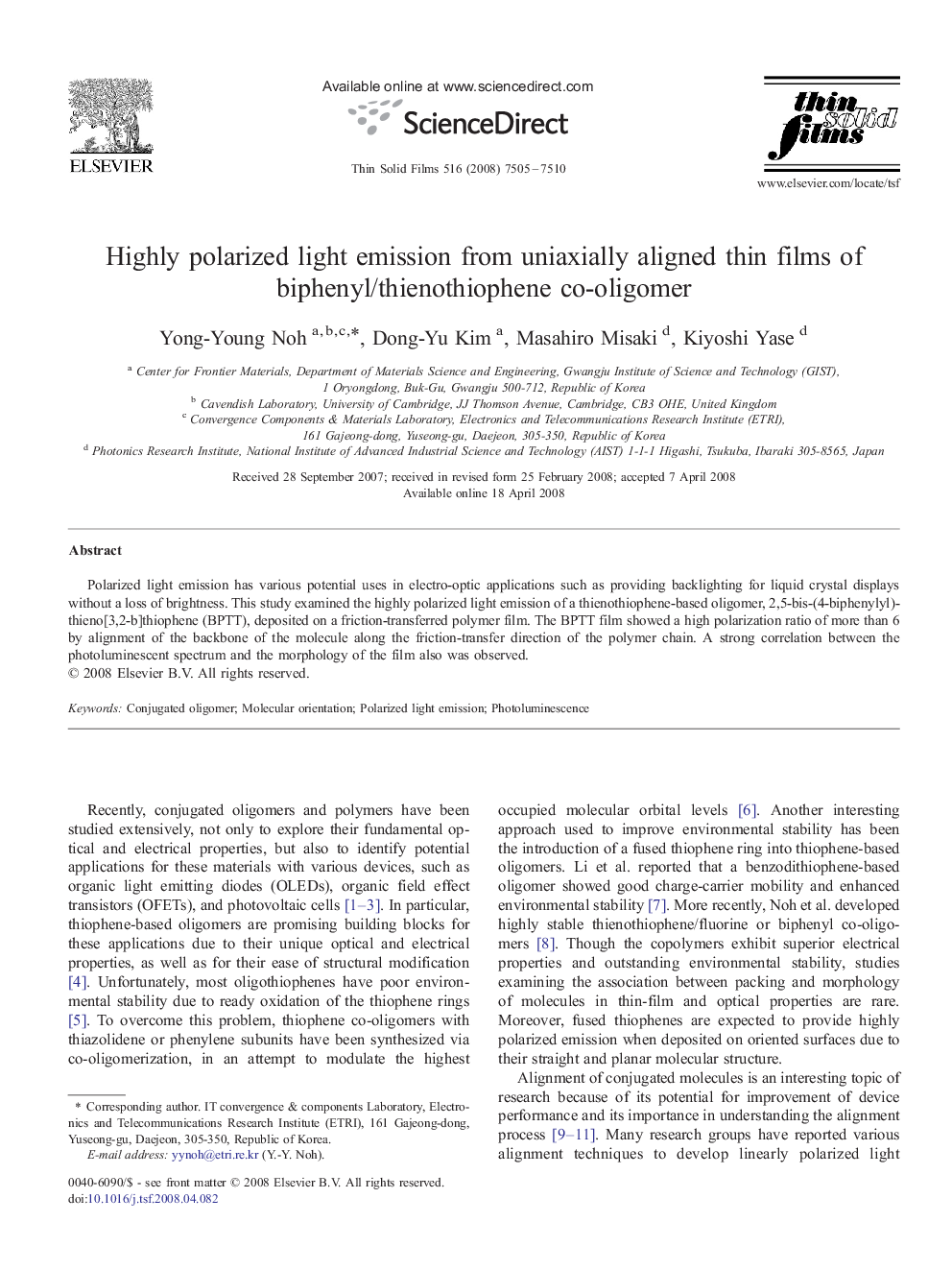 Highly polarized light emission from uniaxially aligned thin films of biphenyl/thienothiophene co-oligomer