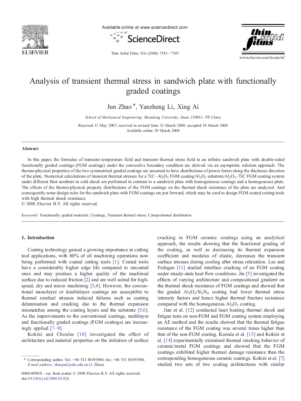 Analysis of transient thermal stress in sandwich plate with functionally graded coatings